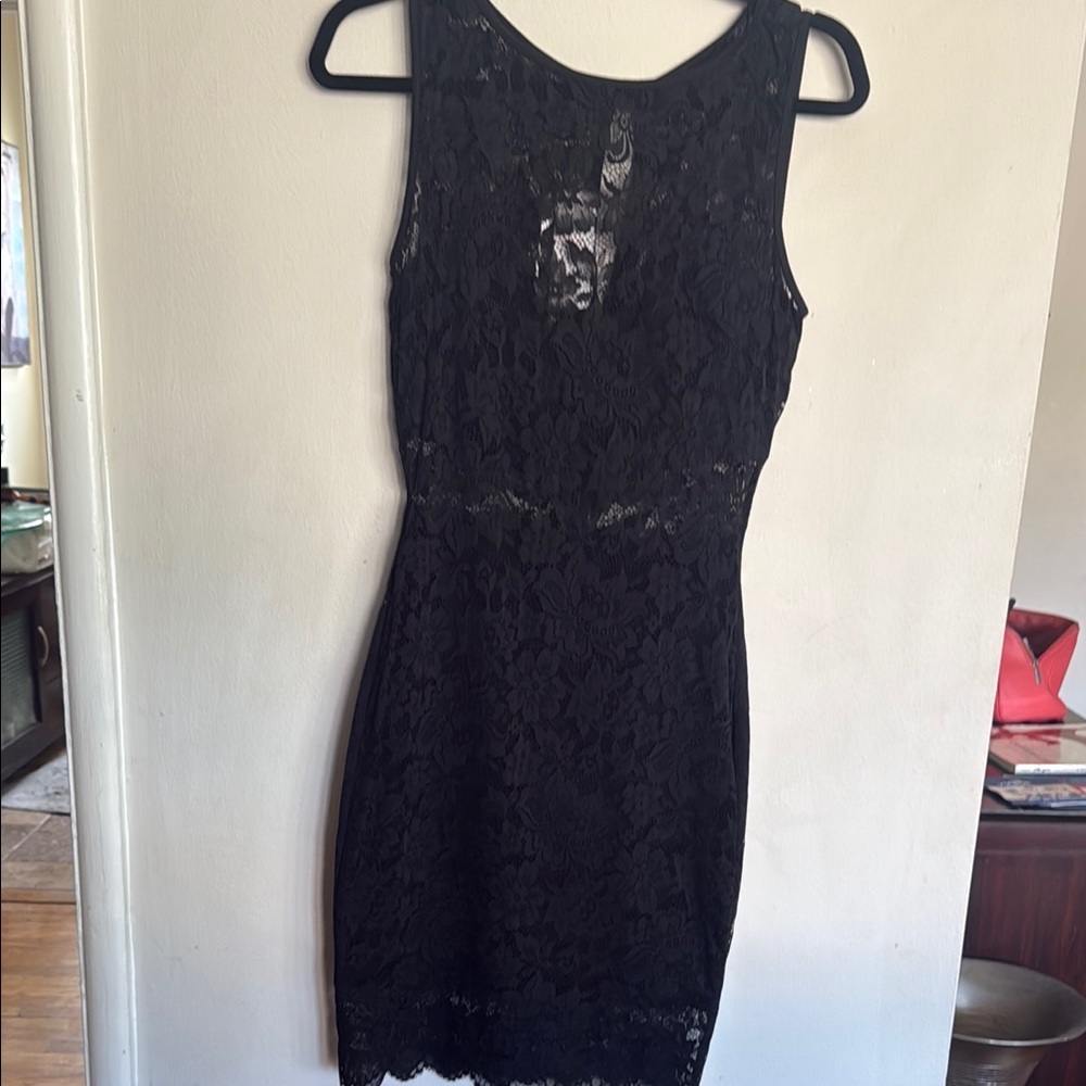 Bebe Black Lace Sheath Midi Dress Scoop Neck Sleeveless